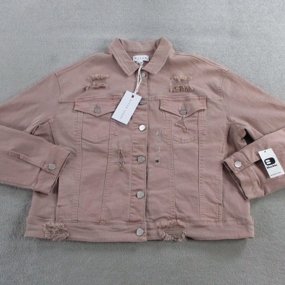 Risen Jacket Womens Large Mauve Pink Deconstructed Distressed Denim Trucker NWT - Picture 2 of 11